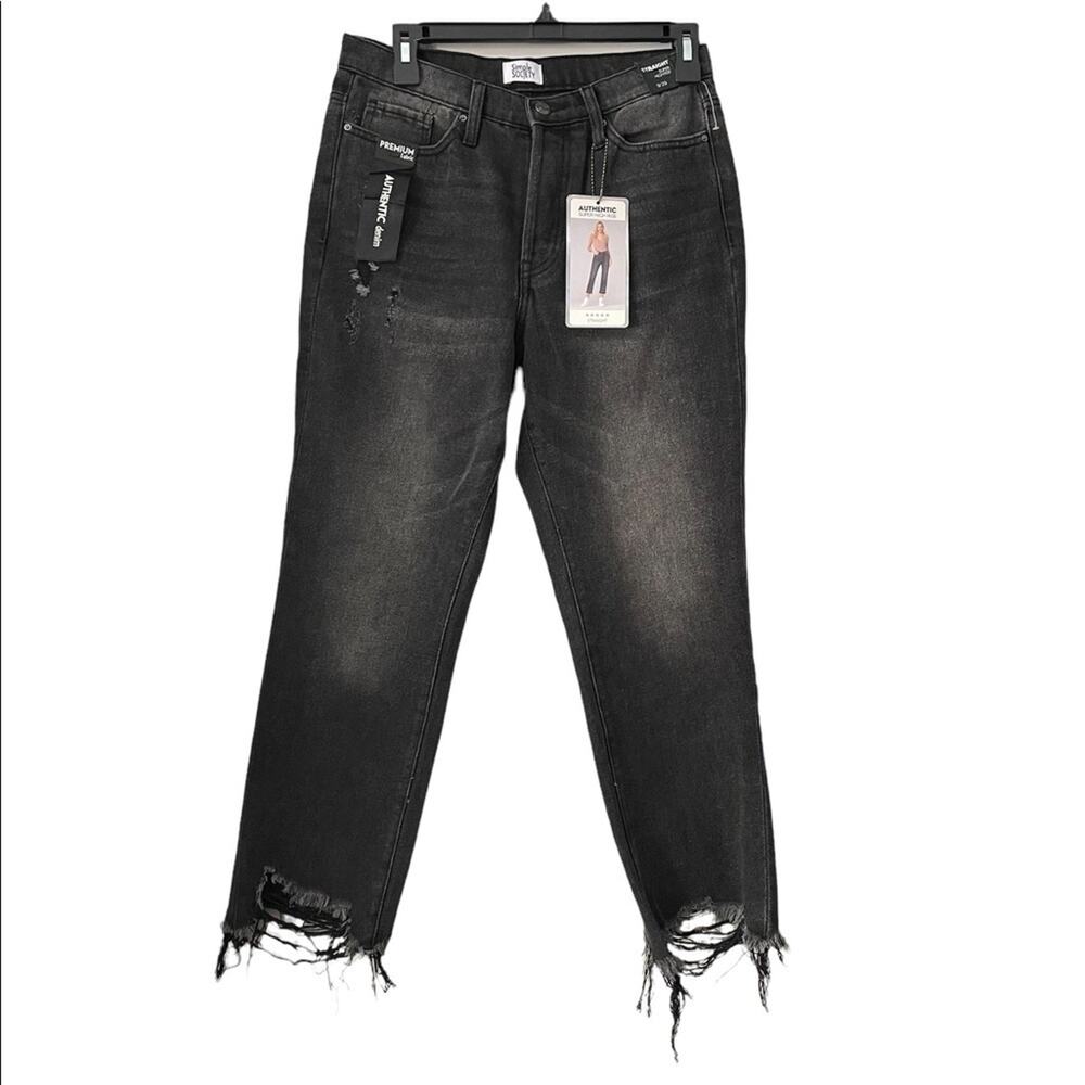 NWT Simple Society Denim Jeans Women 29 Distressed Hem Straight High Rise Black